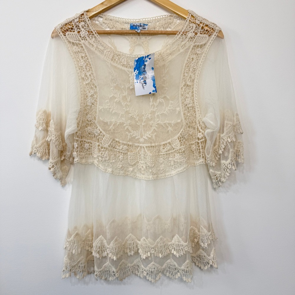 Rebellion Again Crochet Lace Sheer Mesh Top Women Medium Ivory Boho Cottage